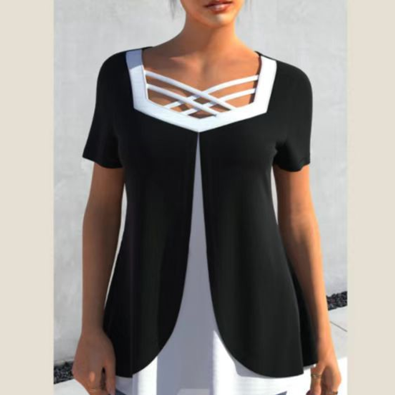 🌞Zomeruitverkoop 50% KORTING🔥Stijlvolle top met V-hals en korte mouwen en kruishals