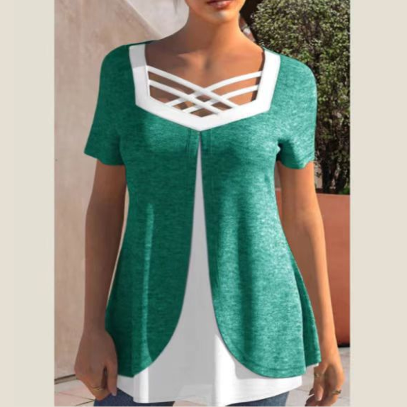 🌞Zomeruitverkoop 50% KORTING🔥Stijlvolle top met V-hals en korte mouwen en kruishals